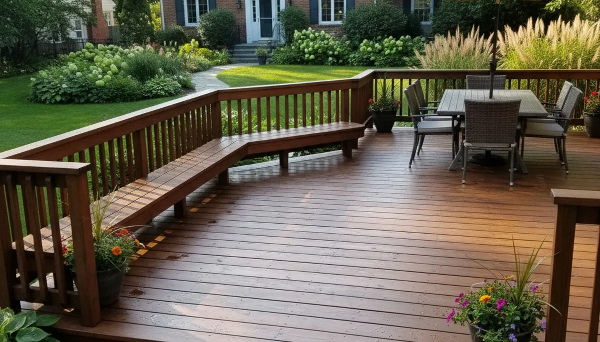 Finished deck staining in Highland Park, IL highlighting rich wood tones and weather-resistant protection