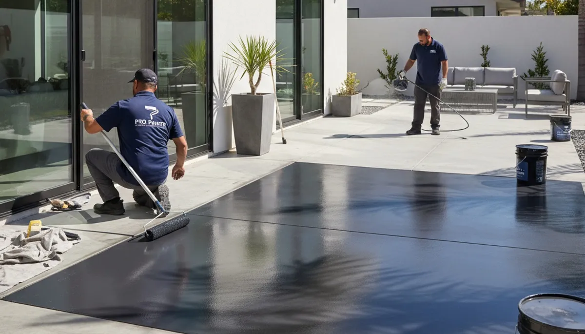 Professional concrete floor staining by house painters in Highland Park, IL for garage and patio floors
