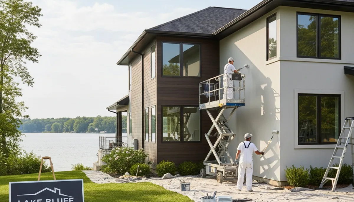 Professional house painters in Highland Park IL repainting home exterior with quality paint finish