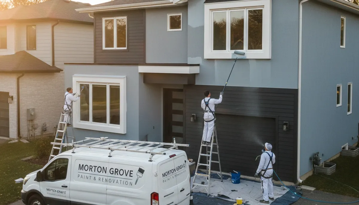 Professional house painters working on exterior home in Highland Park IL