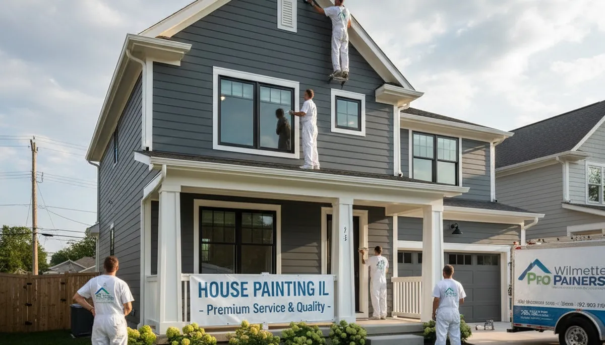 Professional house painters in Highland Park IL applying exterior paint to a modern suburban home